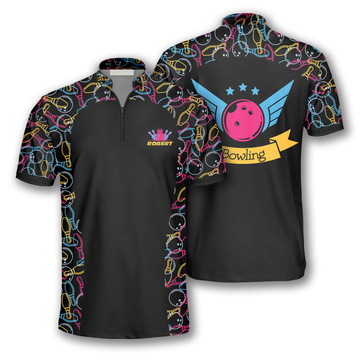 Front and back view of a bowling polo shirt with colorful neon bowling pins and balls, personalized with name "Robert," diagonal stripe pattern on dark background.
