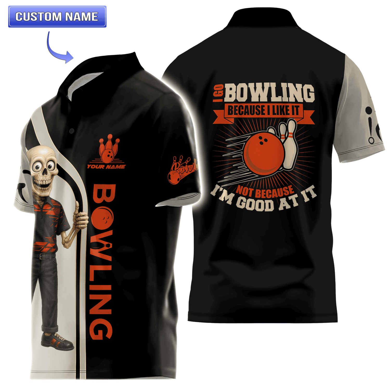 Custom Skeleton Bowling Polo Shirt with personalized name, featuring a skeleton character holding a bowling ball and the word "BOWLING" in bold.