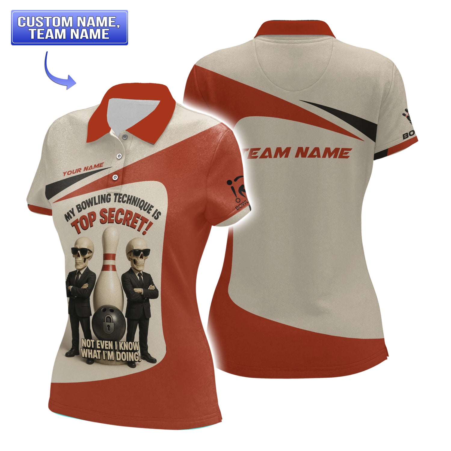 Front and back of a women’s classic-cut polo with red and beige panels, displaying skeleton agents and “Top Secret” text on the front and a personalized team name area on the back.