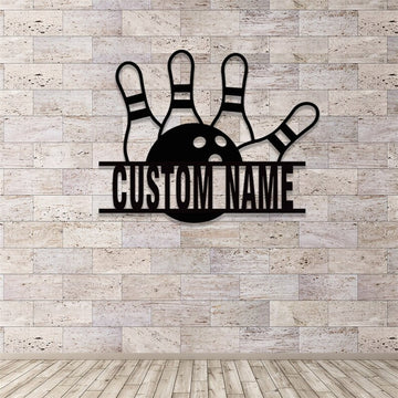 Strike Zone custom bowling name metal sign displayed on a modern tiled brick wall, featuring a ball hitting pins.