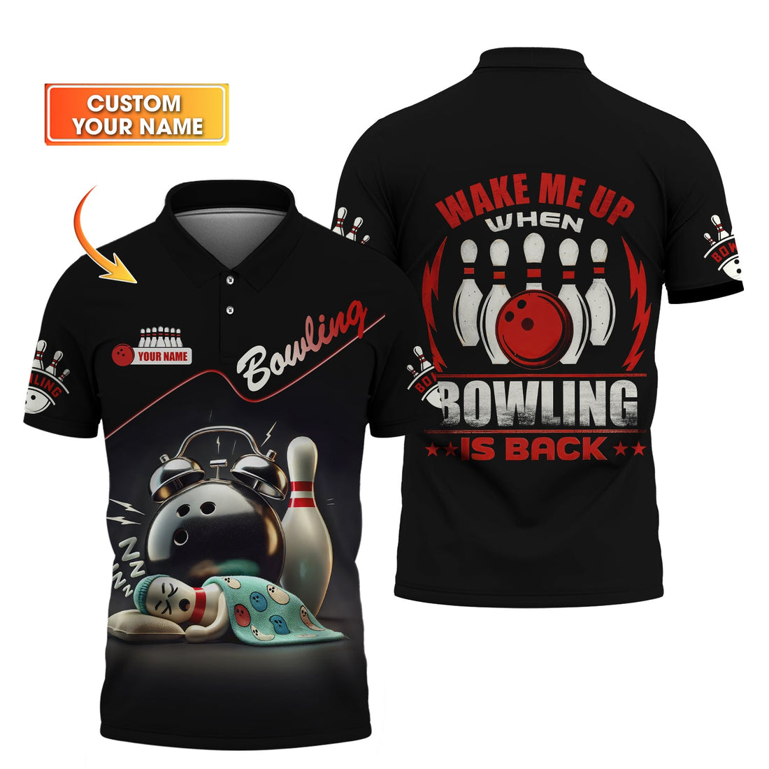 Funny Bowling Shirt Wake Me Up When Bowling Is Back, Custom Name Black Alarm Design