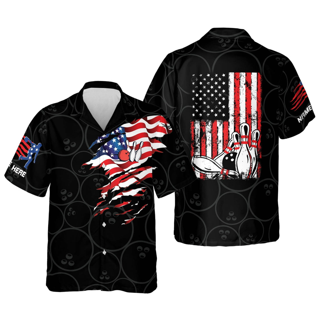 Front and back of a patriotic bowling shirt featuring distressed U.S. flag, bowling ball and pins, and name customization on the sleeve.