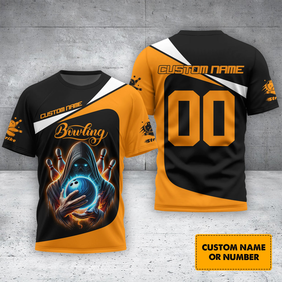 Custom Name & Number Orange Grim Reaper Bowling Personalized 3D Polo Shirt, Bowling T-Shirt, Gift For Bowler