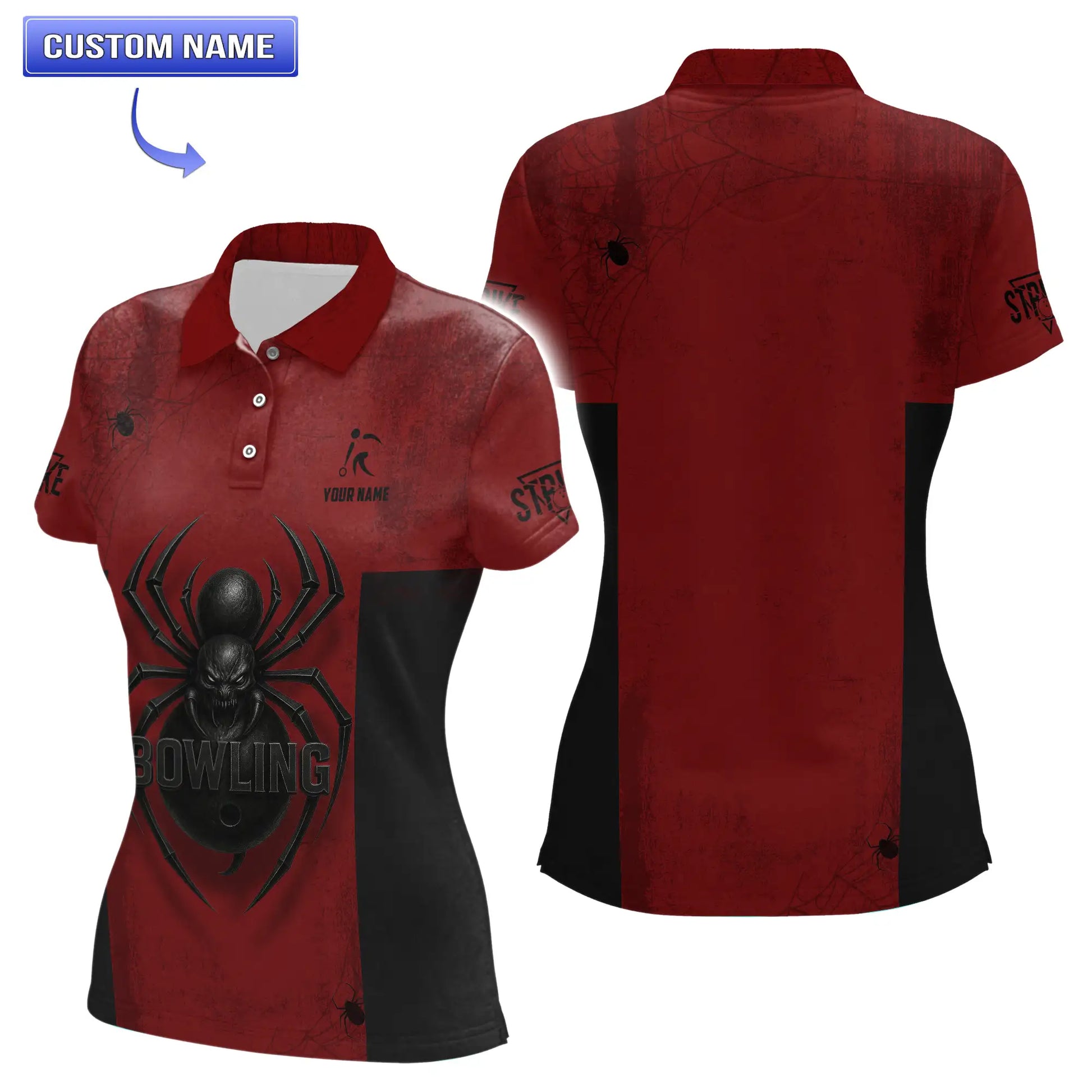 Front and back view of women’s Black Widow Spider Bowling Polo with custom name option