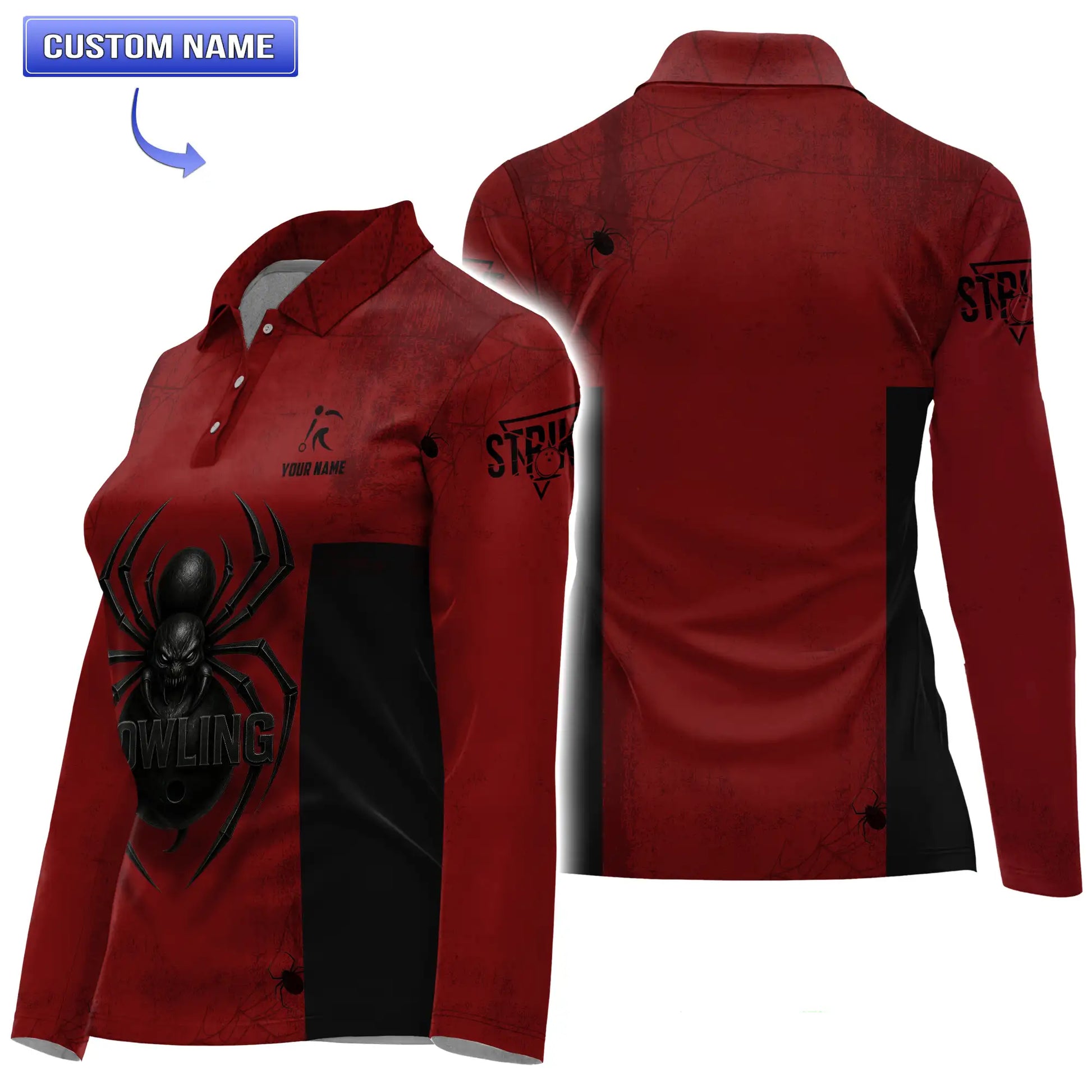 Long sleeve view of women’s Black Widow Spider Bowling Polo with custom name option