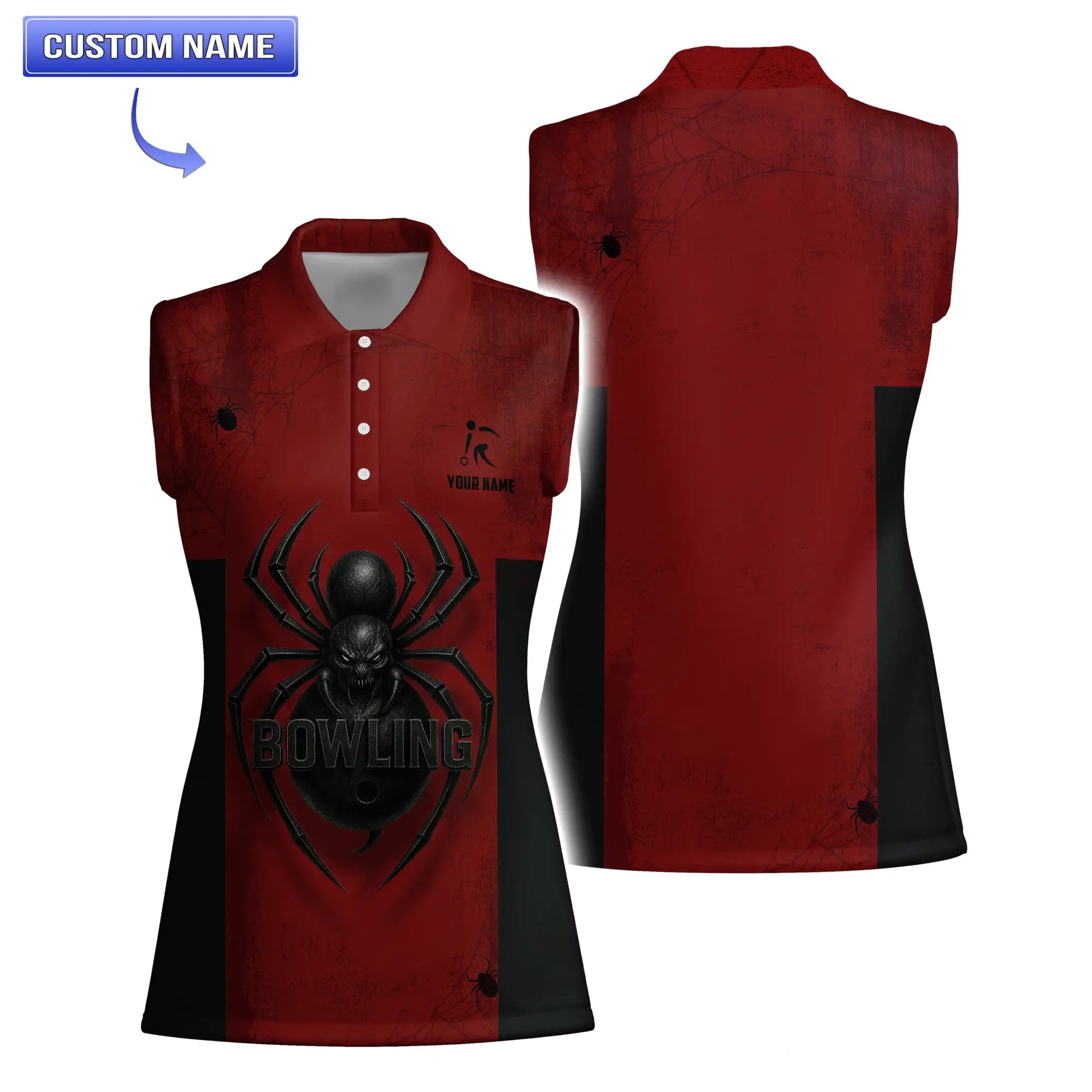 Sleeveless women’s Black Widow Spider Bowling Polo with custom name option