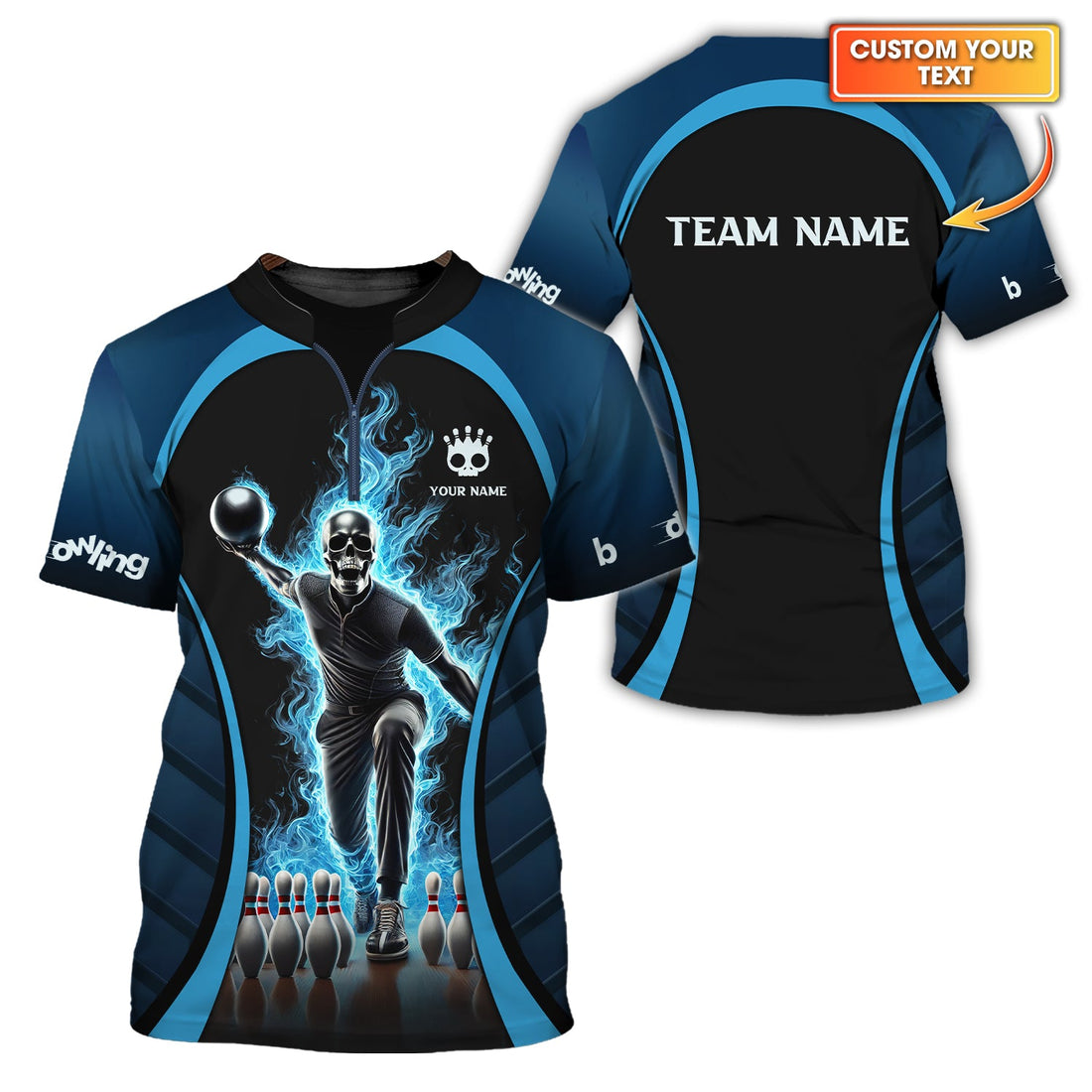 Front and back of personalized bowling shirt featuring a skeleton bowler surrounded by vibrant blue flames and customizable name and team text