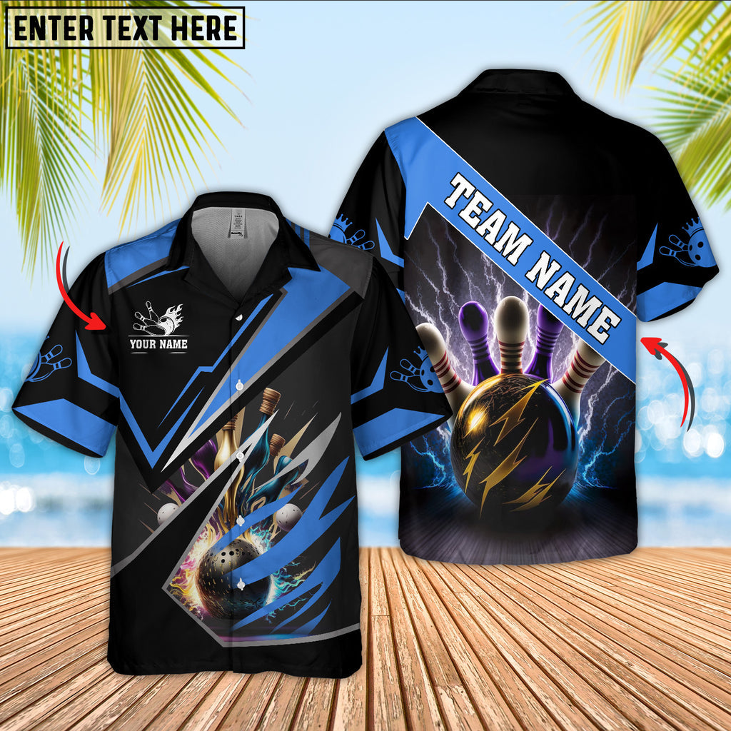 Gray-highlighted custom bowling shirt with powerful lightning strike design and text customization options.