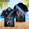 Personalized blue-accented bowling Hawaiian shirt with energy ball design and editable name/team fields.