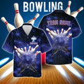 Blue electric bowling shirt with ball striking pins and lightning energy, customizable with your name and team.