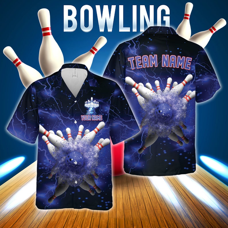 Blue electric bowling shirt with ball striking pins and lightning energy, customizable with your name and team.