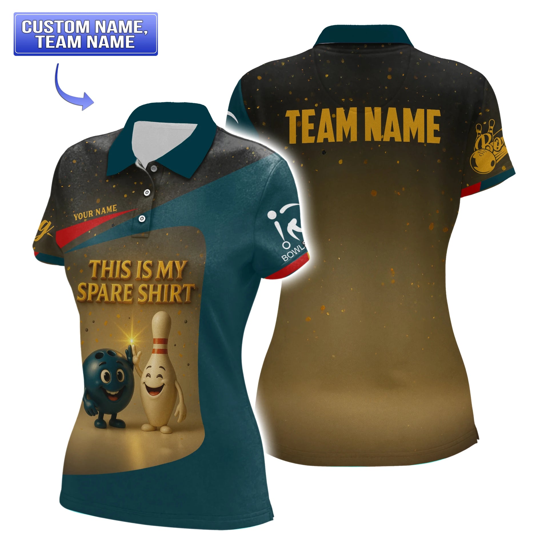 BowlSquad bowling polo shirt in dark teal & gold with “This Is My Spare Shirt” print and removable team name label