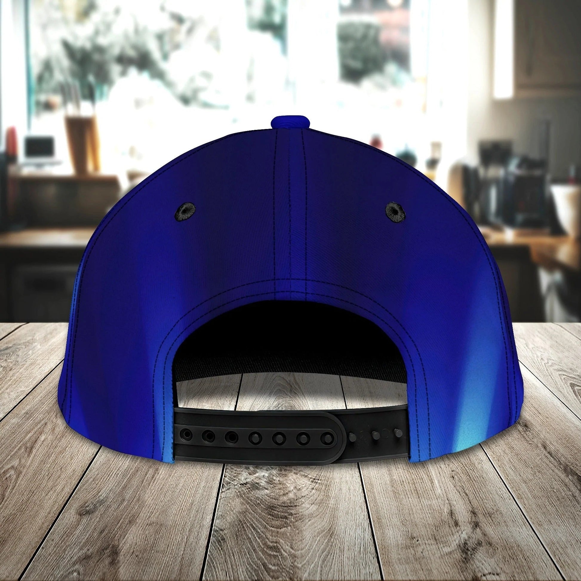 Back view of custom blue bowling snapback hat showing adjustable plastic snap closure and gradient blue design