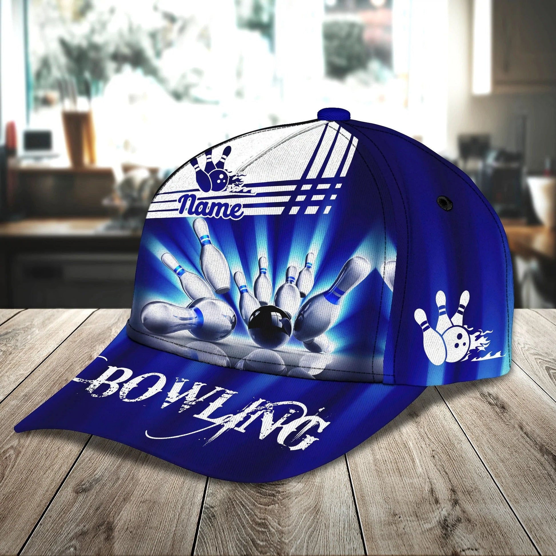Left side view of bowling snapback hat with dynamic strike graphic and subtle radial line pattern