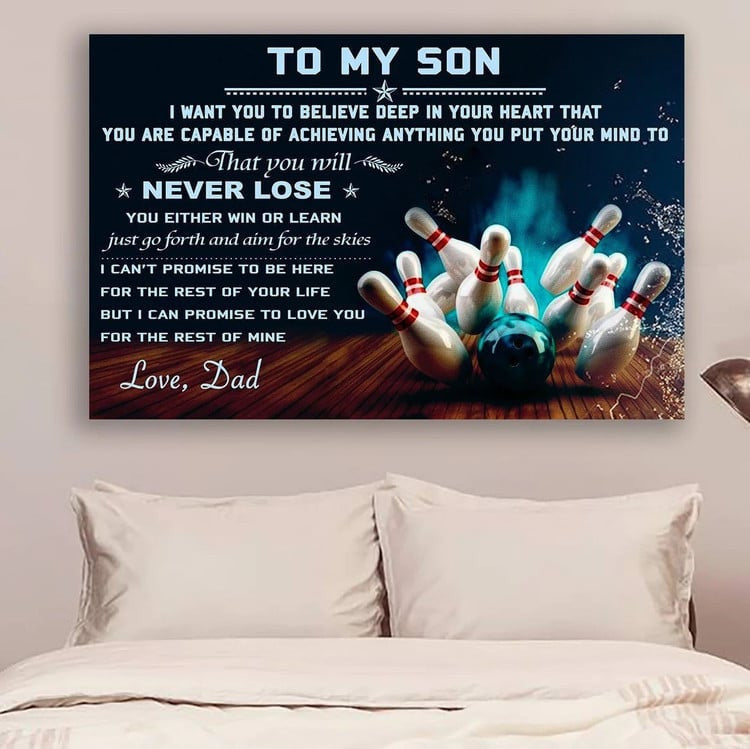 Inspirational ‘To My Son’ quote on canvas with a bowling ball and pins image