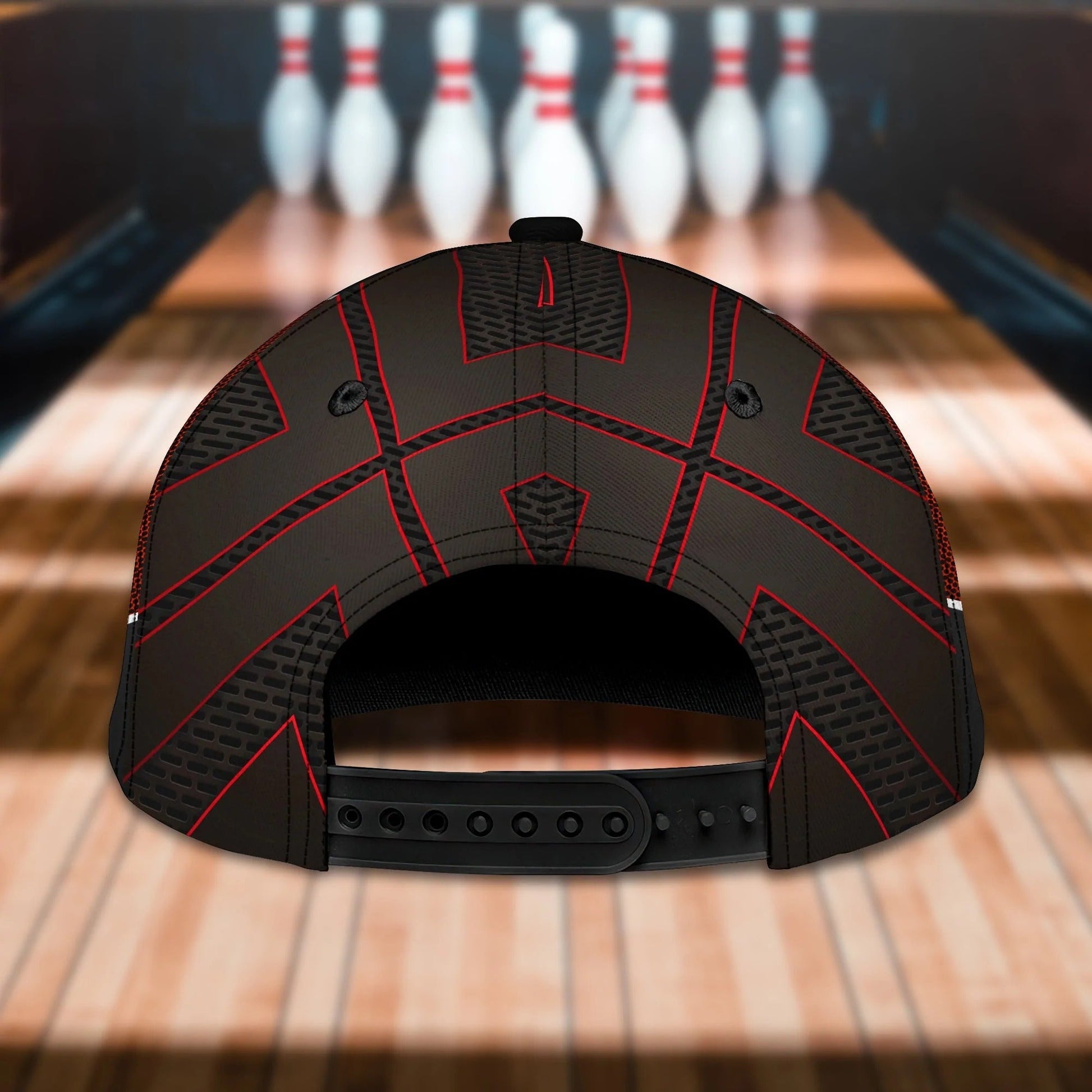 Back view of a customizable bowling cap with sleek black design and red accents, perfect for sporty style and personalized comfort.