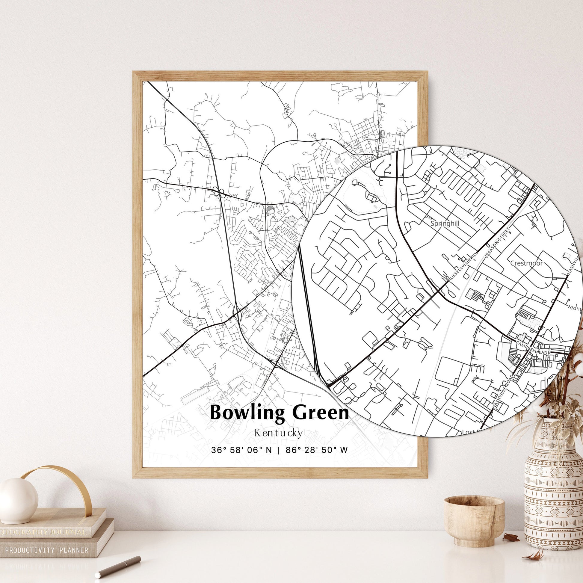 Framed city map of Bowling Green, Kentucky, with detailed streets and neighborhood areas.