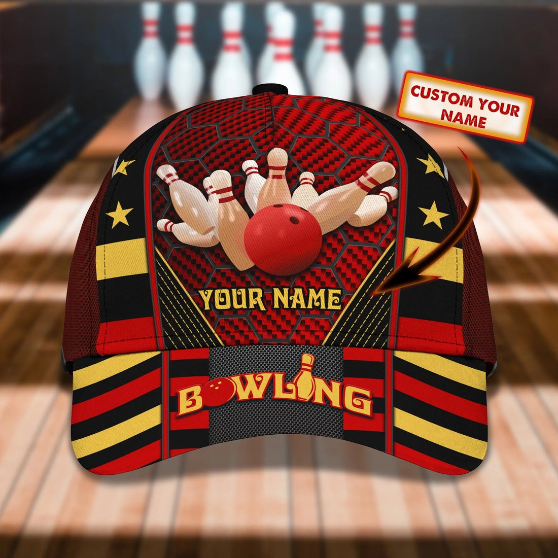Front view of customizable bowling cap with bold red, yellow, and black stripes and pin design, perfect for personalized style