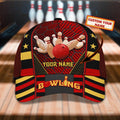 Front view of customizable bowling cap with bold red, yellow, and black stripes and pin design, perfect for personalized style