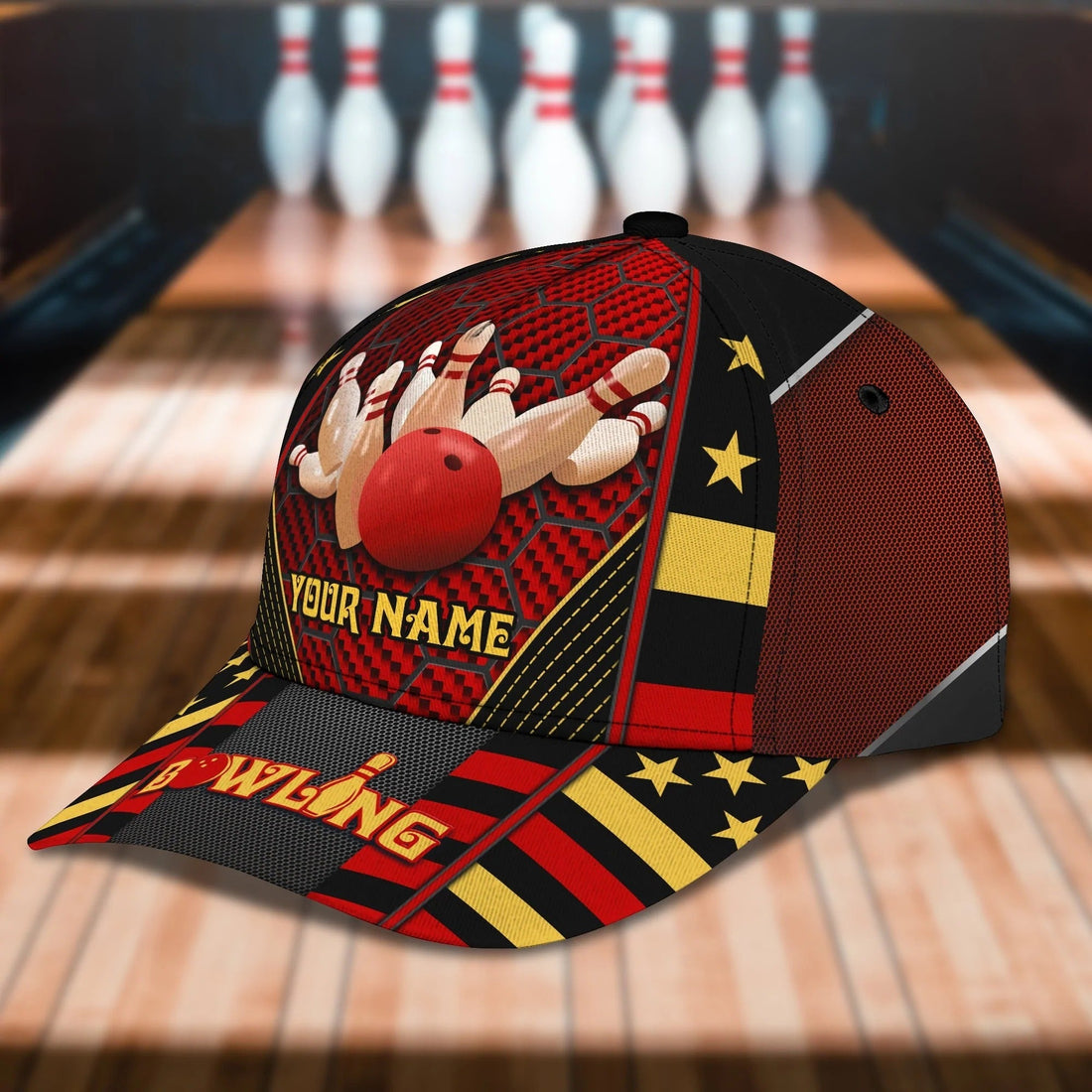 Front view of customizable bowling cap with bold red, yellow, and black stripes and pin design, perfect for personalized style