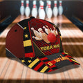 Right side view of the customizable bowling cap with detailed bowling pin motif and striped patterns.