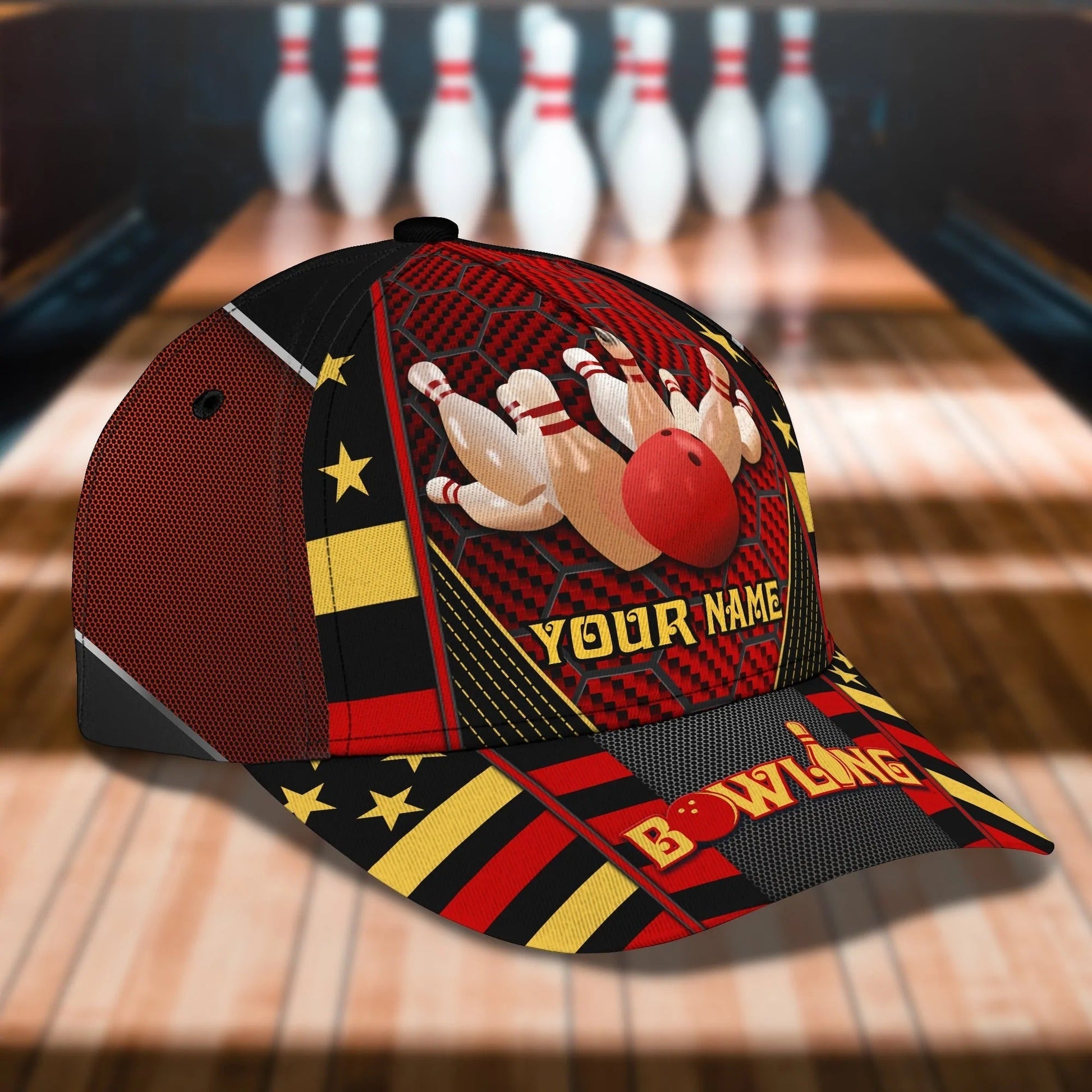 Right side view of the customizable bowling cap with detailed bowling pin motif and striped patterns.
