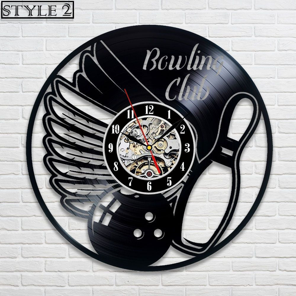 Unique bowling wall clock featuring a vinyl record design and mechanical clock face, surrounded by bowling pins and a ball motif, ideal for bowling fans.