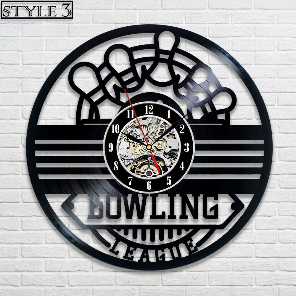 Bowling wall clock with a sleek bowling league design, featuring pins and a vintage clock face, perfect for sports enthusiasts and game rooms.
