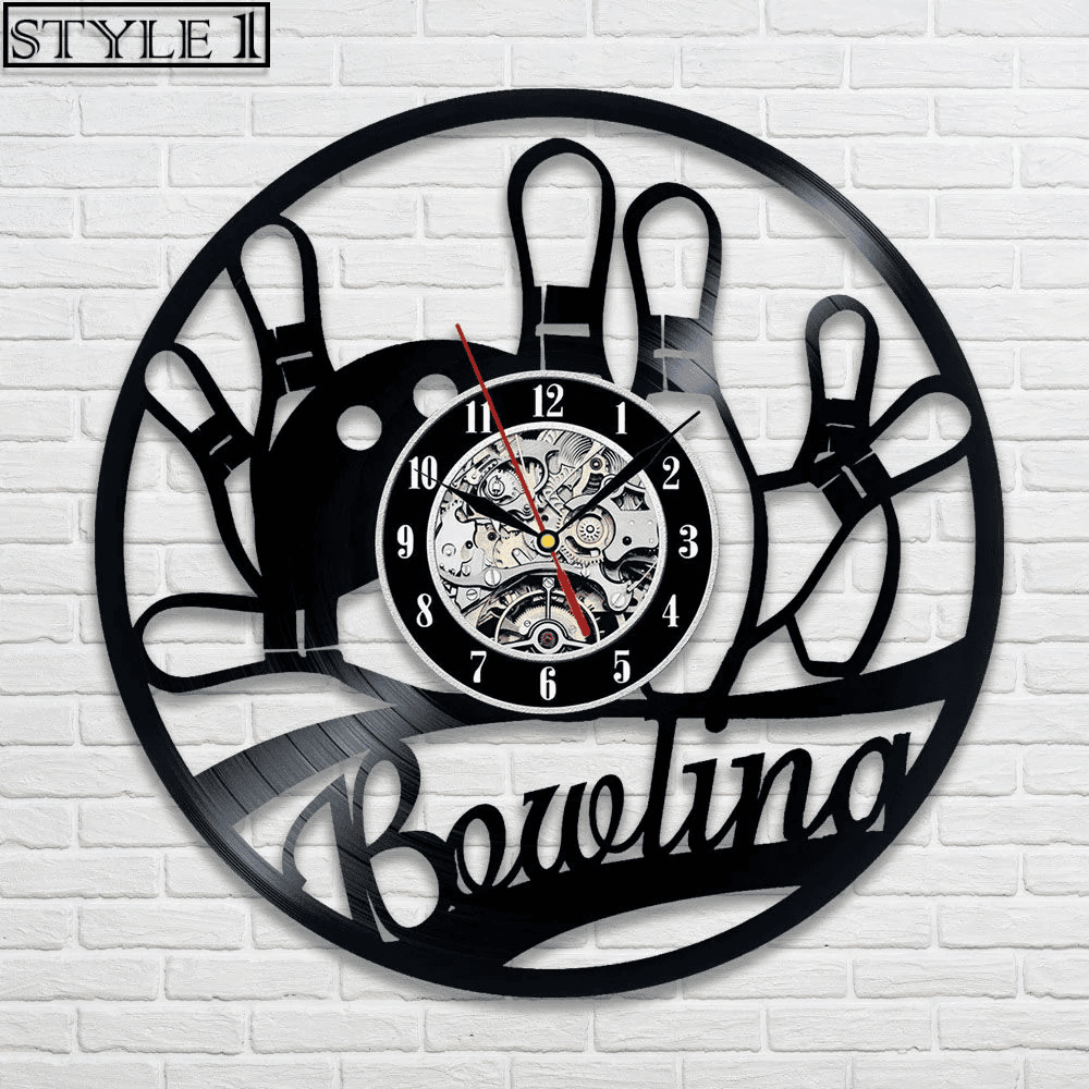 Unique bowling wall clock featuring a vinyl record design and mechanical clock face, surrounded by bowling pins and a ball motif, ideal for bowling fans.