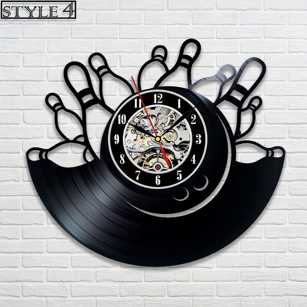 Stylish wall clock featuring a vinyl record design, with a bowling ball and pins graphic at its core, a perfect gift for bowling lovers.
