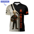 Front views of a custom classic-collar bowling jersey showcasing a detailed skeleton figure 