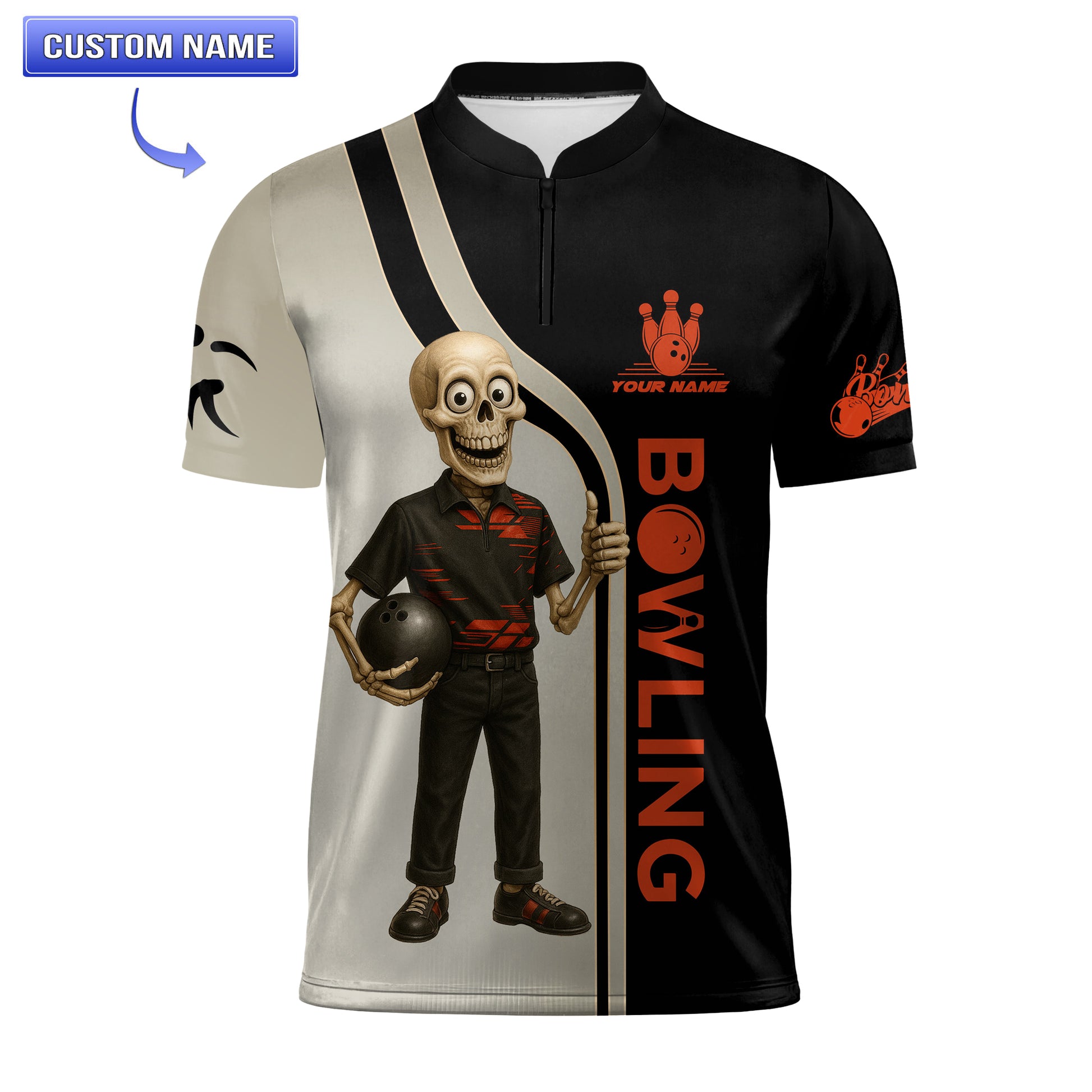 Front views of a custom classic-collar bowling jersey showcasing a detailed skeleton figure 