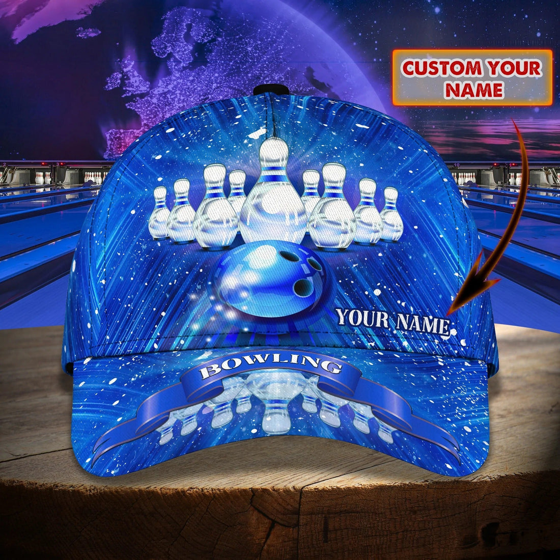 “Front view of Personalized Cosmic Strike snapback hat showcasing dynamic pin scatter and custom name area.”