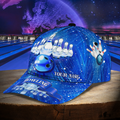 “Left side of cosmic bowling hat with star-spray accents and subtle bowling ball silhouette in space motif.”