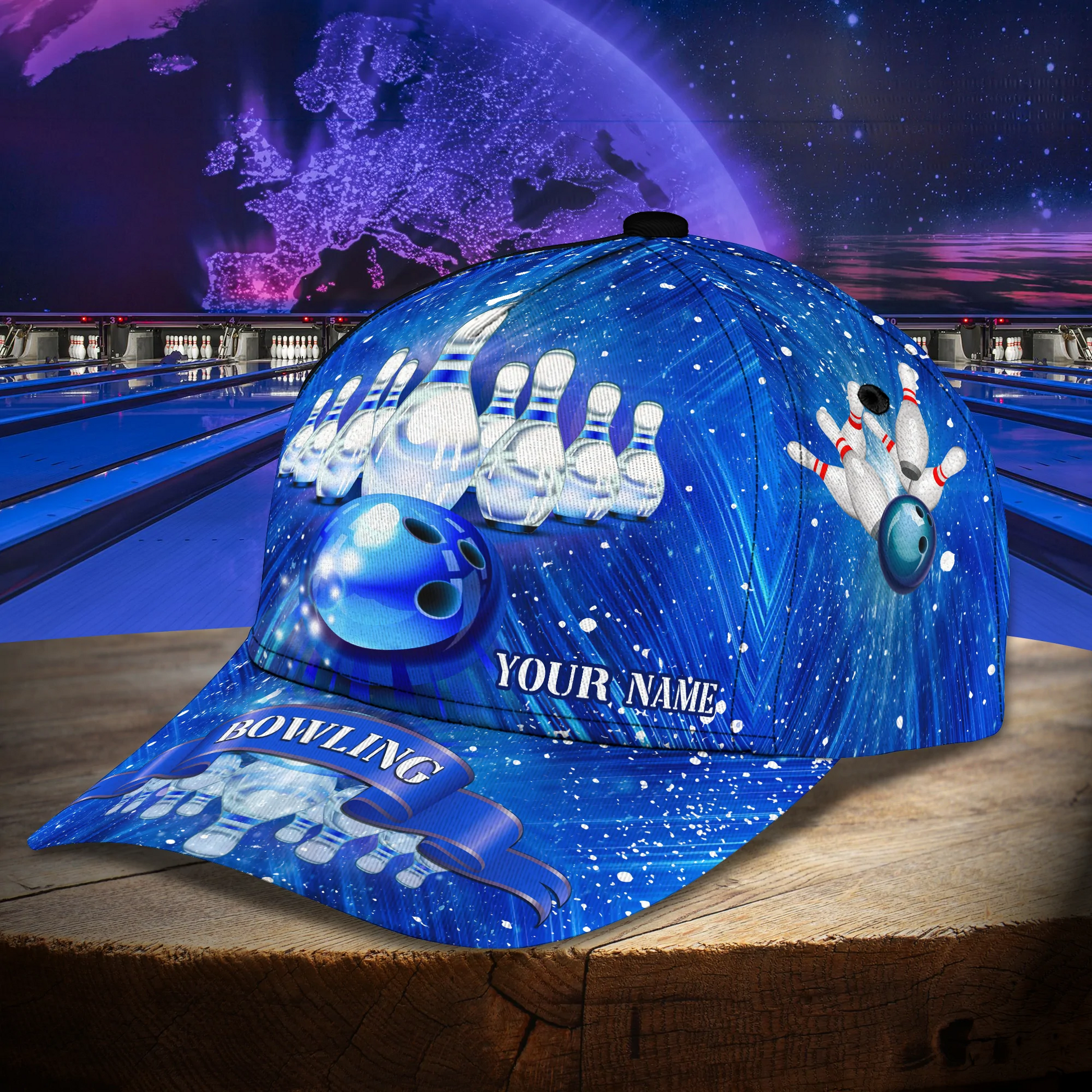 “Left side of cosmic bowling hat with star-spray accents and subtle bowling ball silhouette in space motif.”