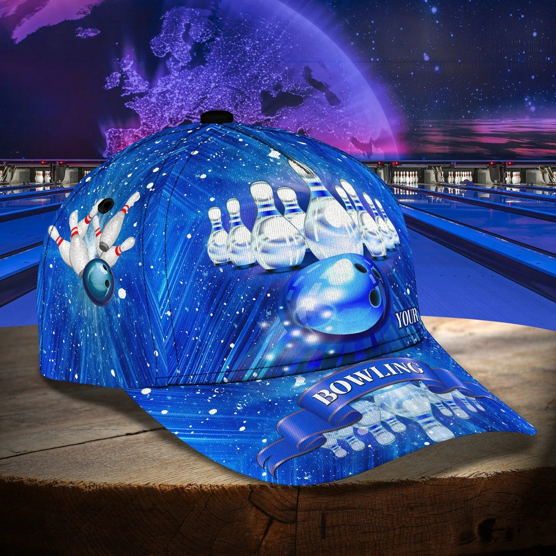 “Front view of Personalized Cosmic Strike snapback hat showcasing dynamic pin scatter and custom name area.”