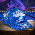 “Right side view of snapback hat featuring bowling pin explosion graphic over a streaking galaxy background.”