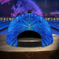 “Back view of cosmic bowling snapback hat showing swirling starfield pattern and adjustable snap closure.”