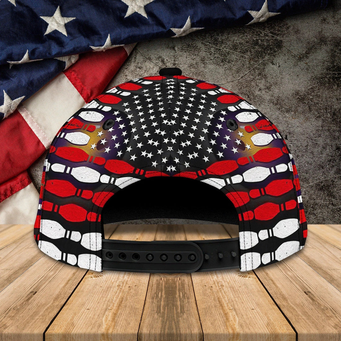 Personalized bowling hat with an American flag design and bowler image, customizable with your name