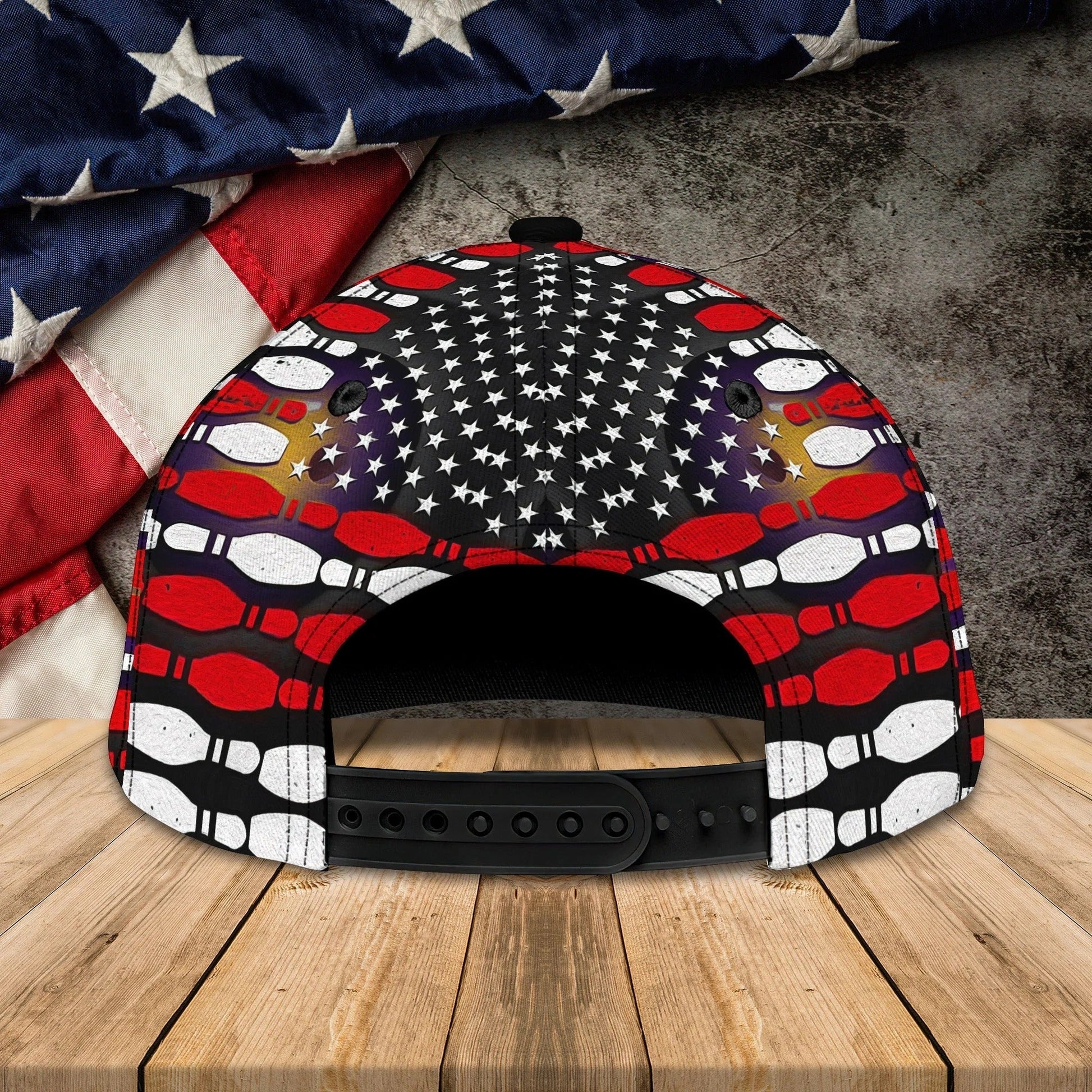 Back view of a customizable bowling hat showing the American flag pattern and adjustable strap