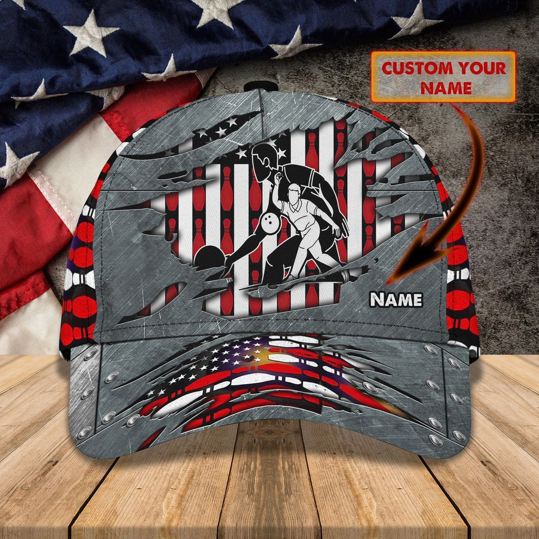 Personalized bowling hat with an American flag design and bowler image, customizable with your name
