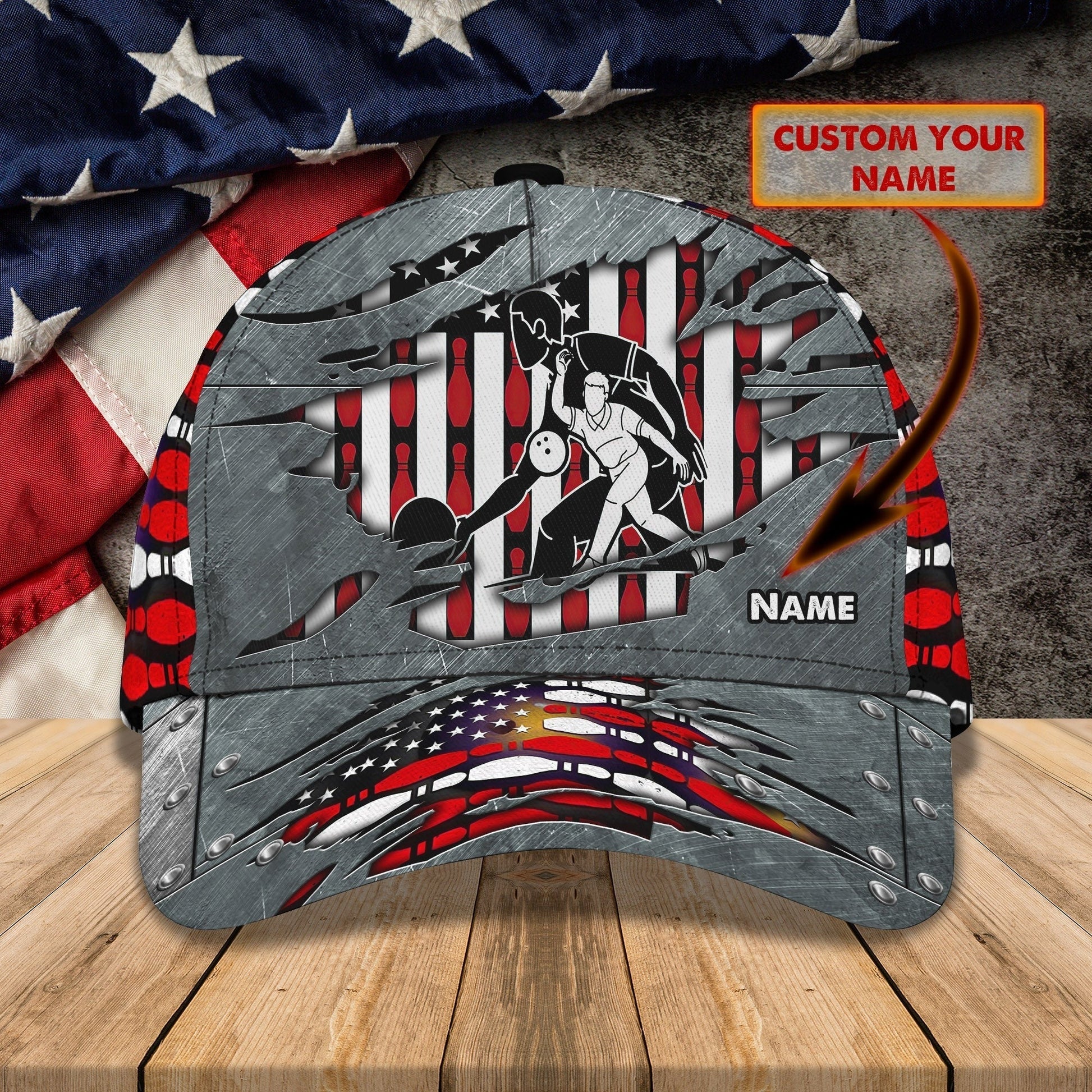 Personalized bowling hat with an American flag design and bowler image, customizable with your name