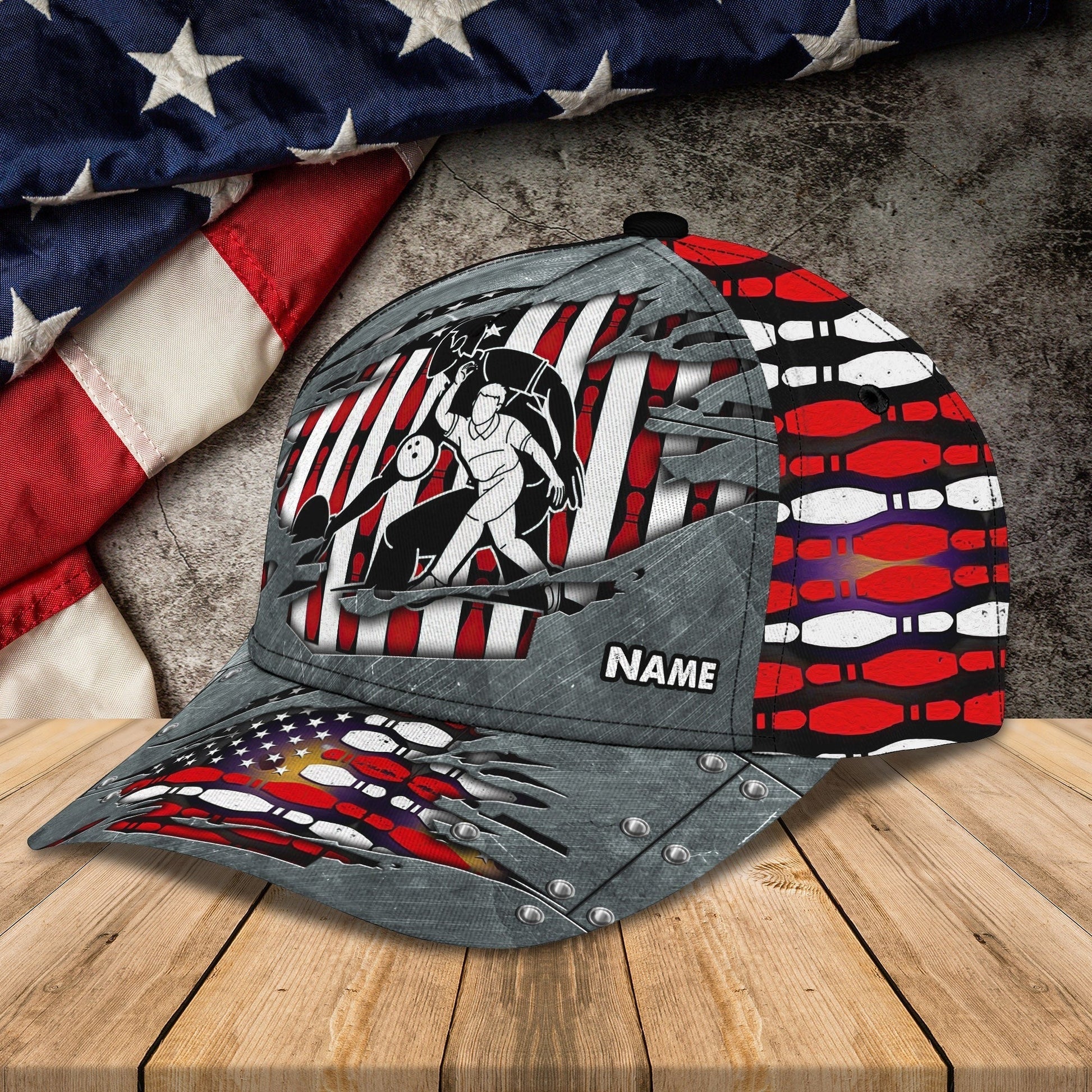 Right side of personalized bowling hat featuring a stylish bowling design and American flag details
