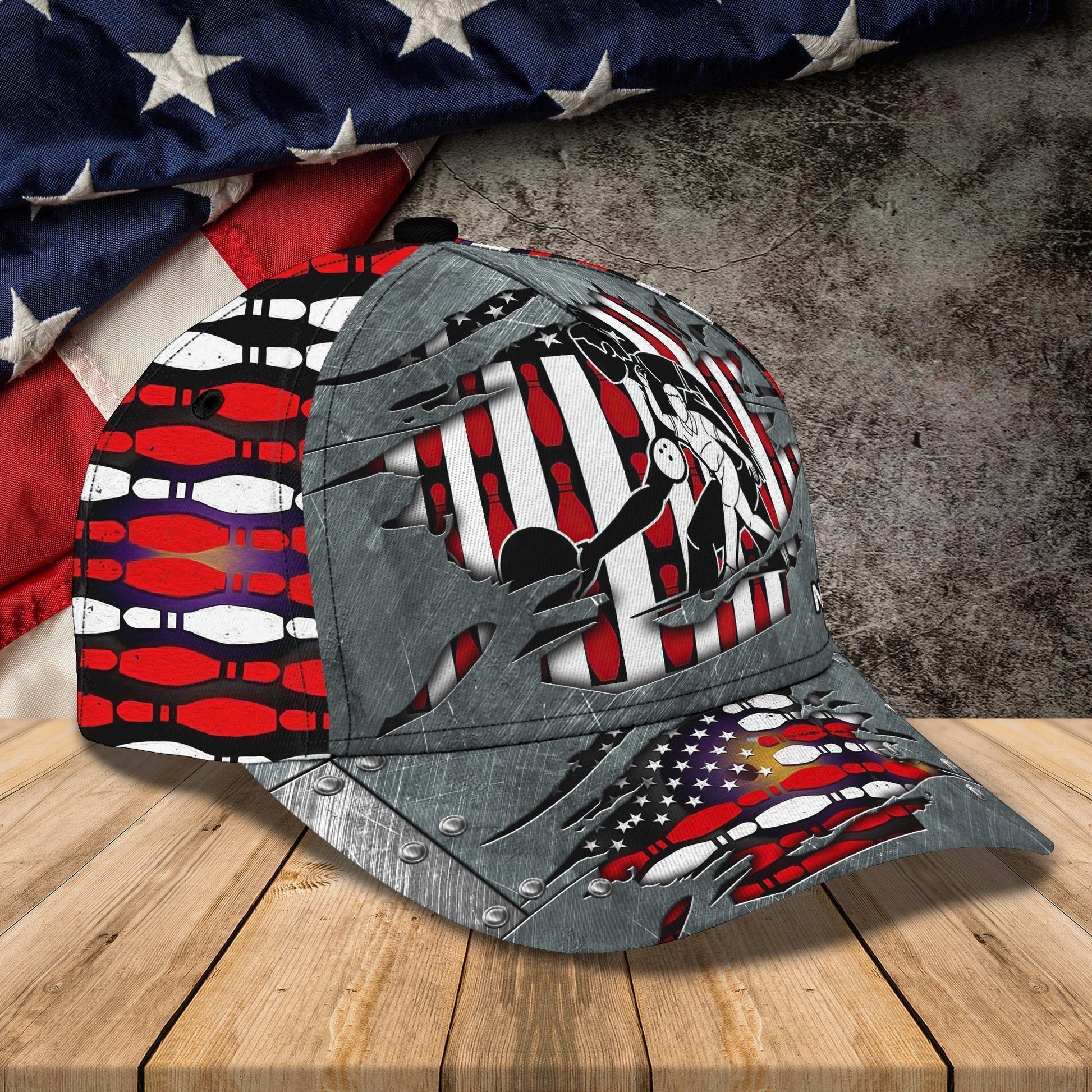Right side of personalized bowling hat featuring a stylish bowling design and American flag details