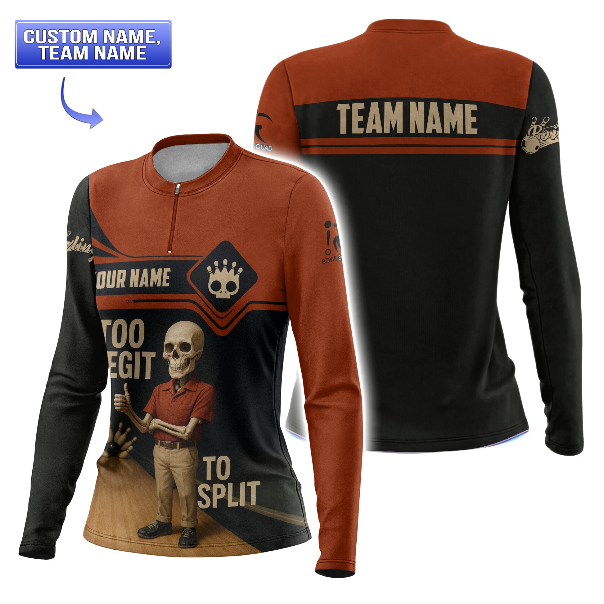 Customizable Team Bowling Shirt – Too Legit to Split Skeleton Graphic Bowling Jersey for Club