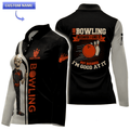Customizable bowling polo shirt featuring a skeleton character, a bold bowling graphic, and the text 