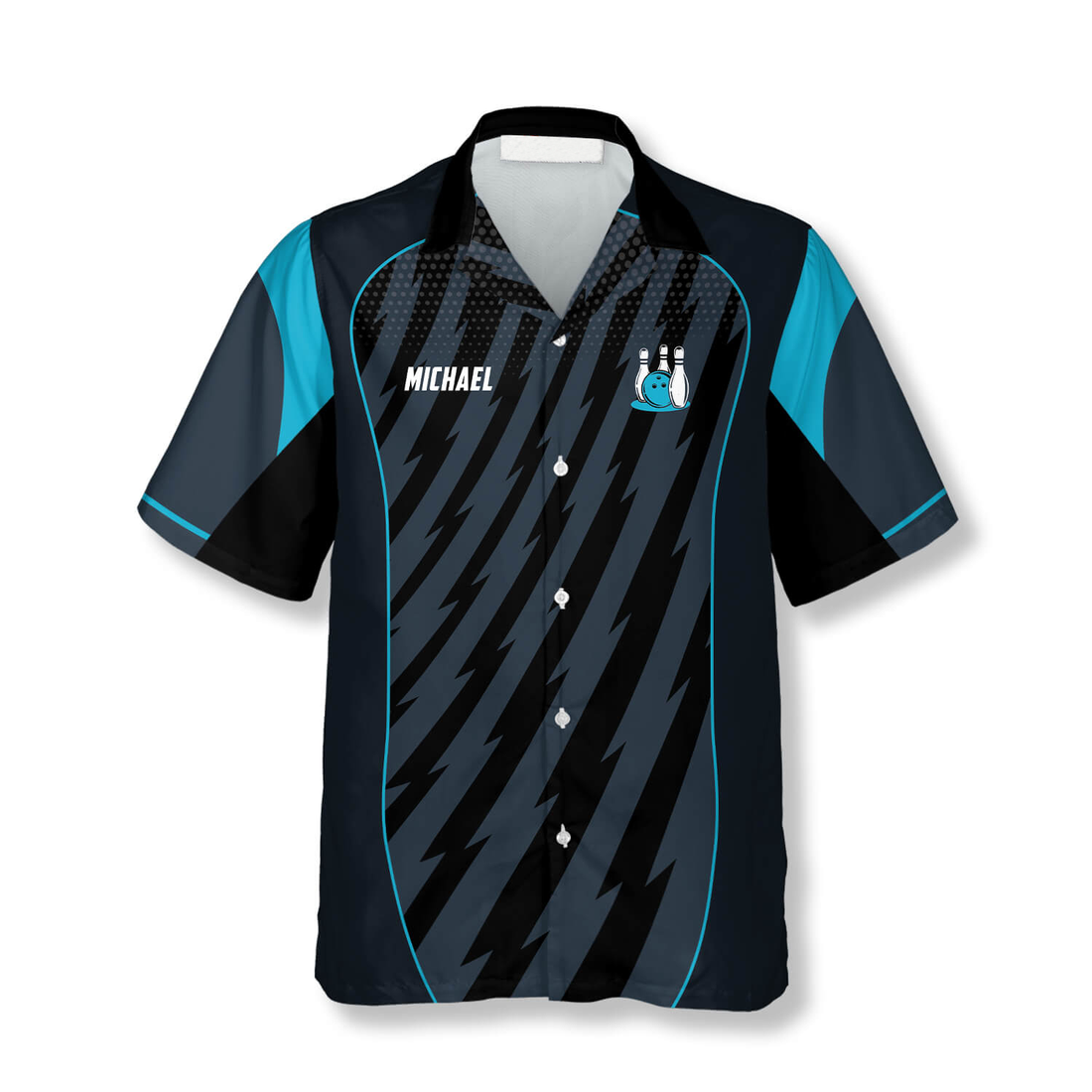 Custom black and teal bowling shirt with trophy emblem and lightning design, showing editable name on front and team name on back.