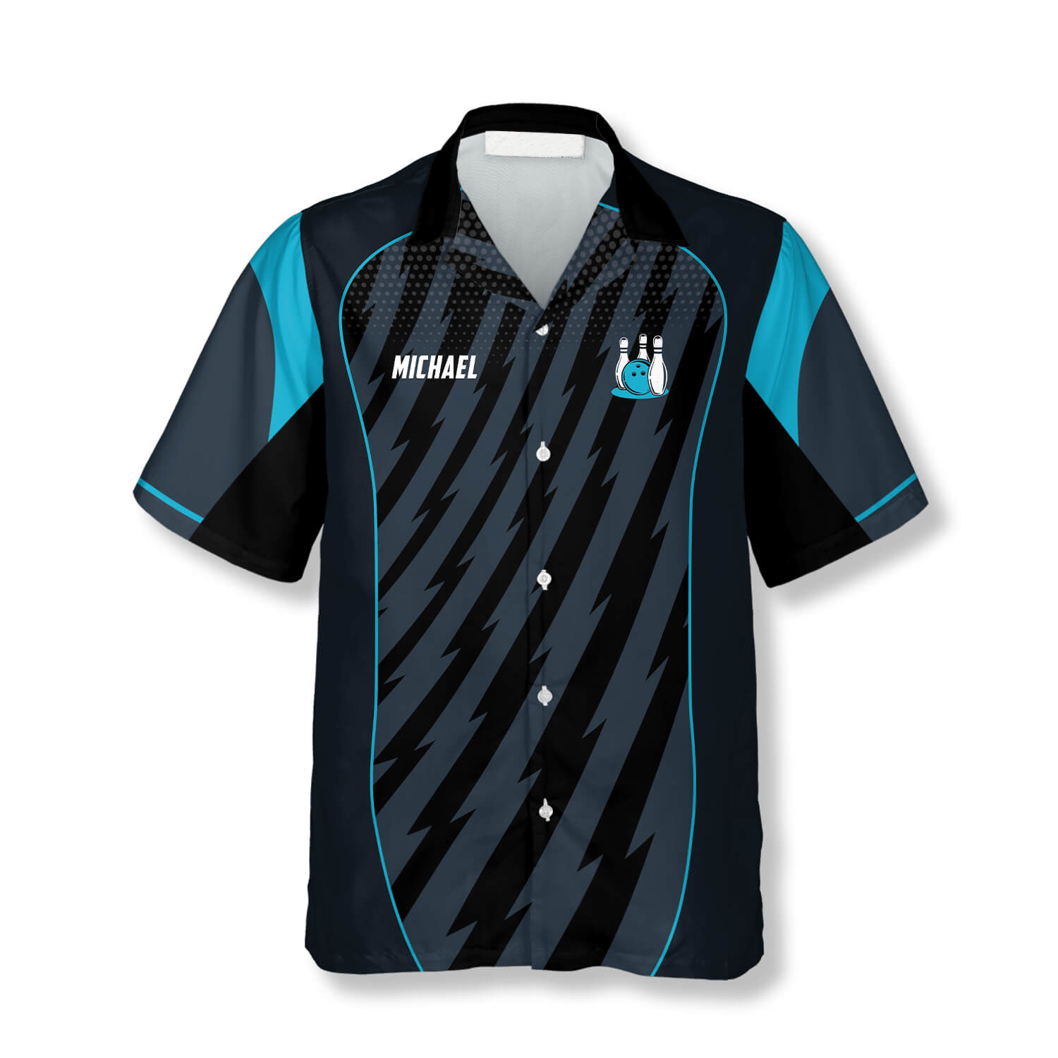 Front view of a personalized bowling shirt featuring the name "Michael," teal accents, and a lightning-style print.