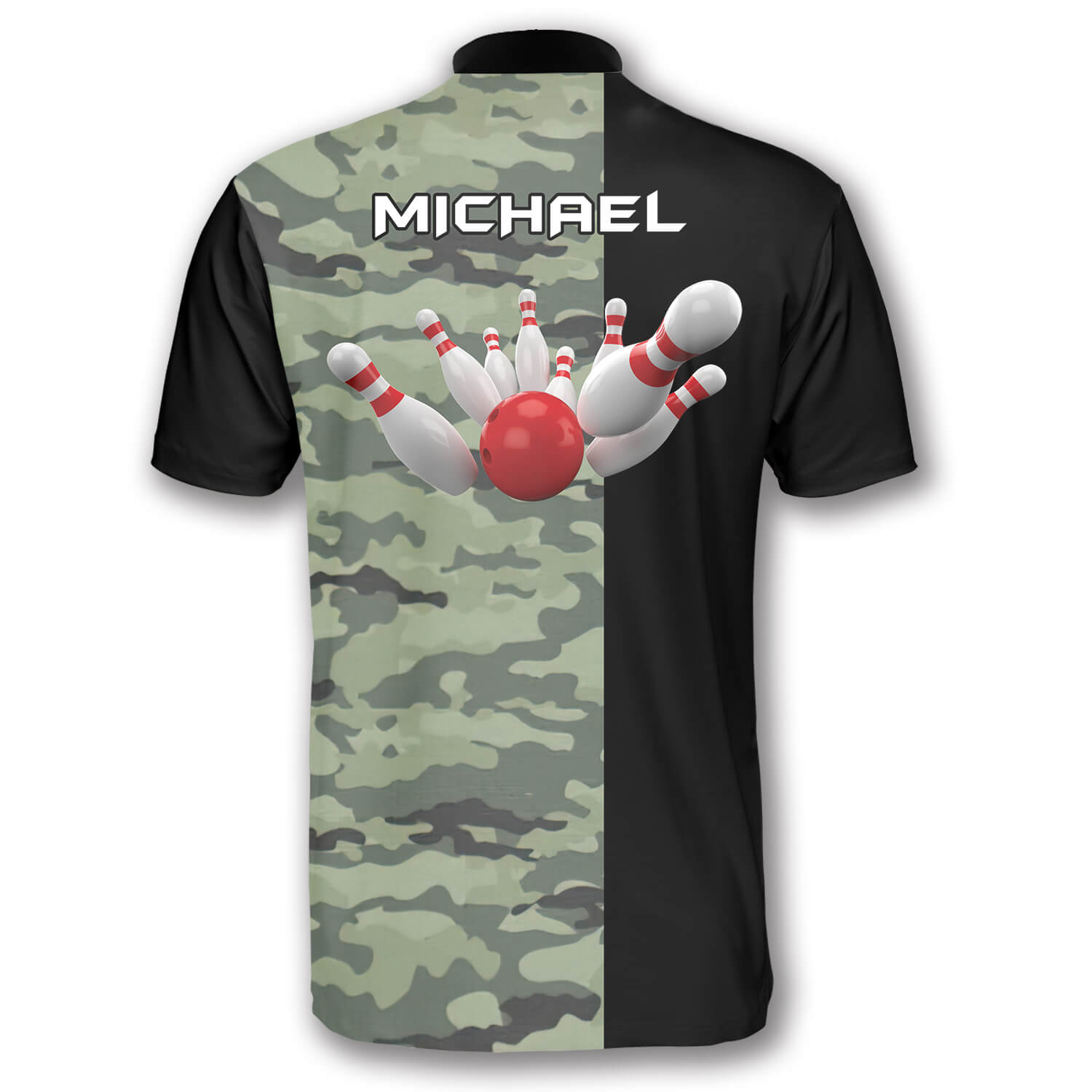 Back view of bowling shirt with camouflage and black split design, personalized name "MICHAEL," and dynamic bowling pins graphic.
