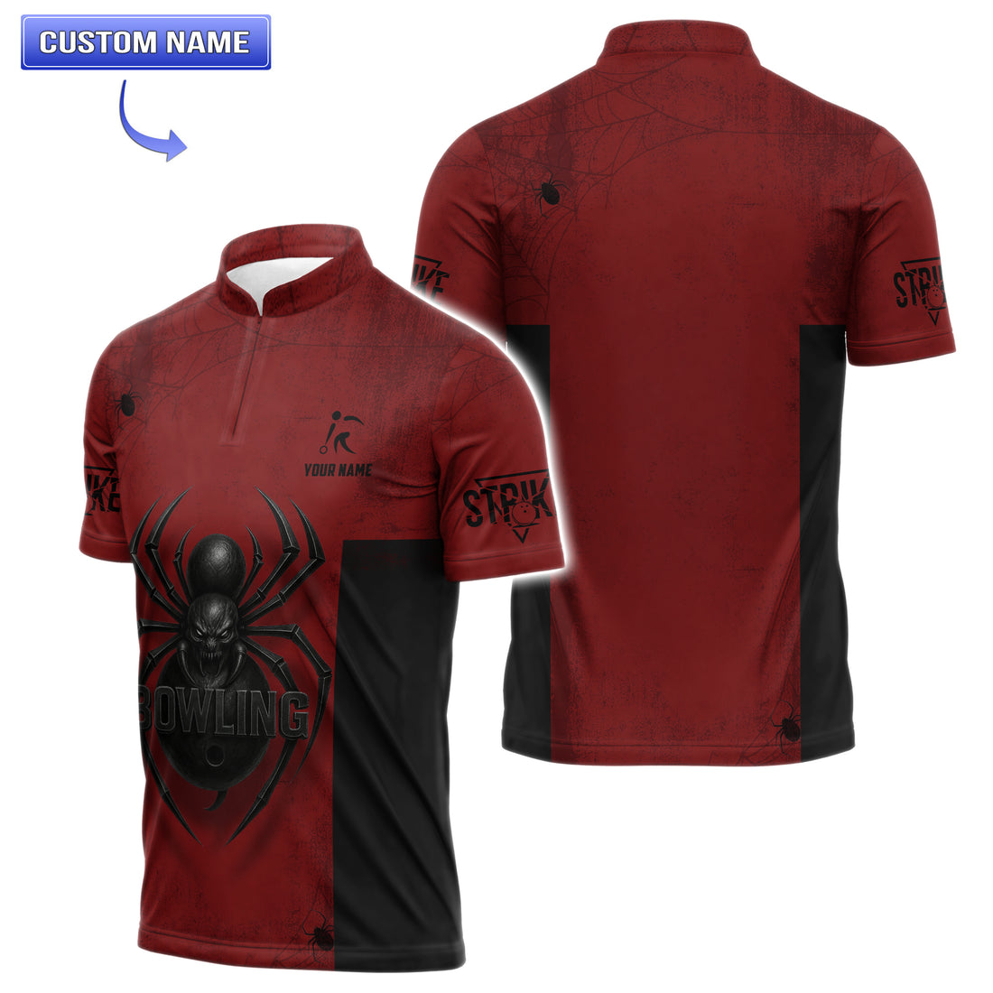Custom Spider Bowling Jersey Men showing both front and back views with personalized name.